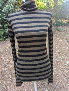 AllSaints Esme Shimmer Stripe Roll Neck Top Olive Black Metallic Lurex Small S